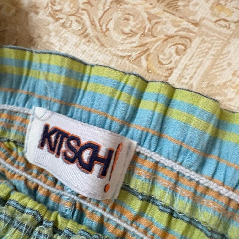 Vintage 80s KITSCH green blue orange stripe smocked mini dress cotton XS/S - Picture 4 of 4